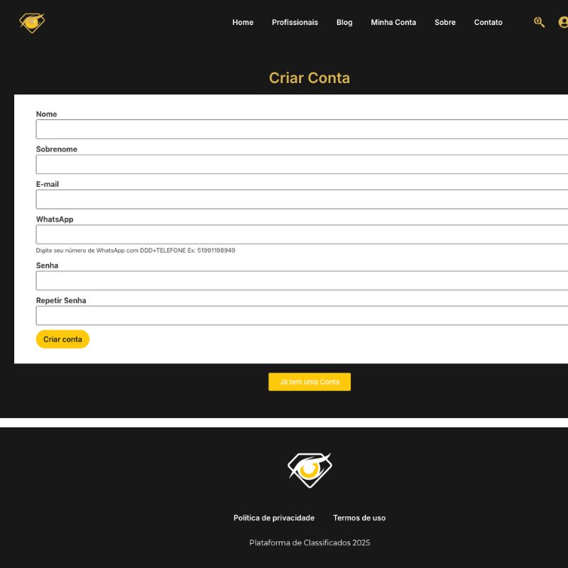Página de cadastro de profissionais e criação de conta