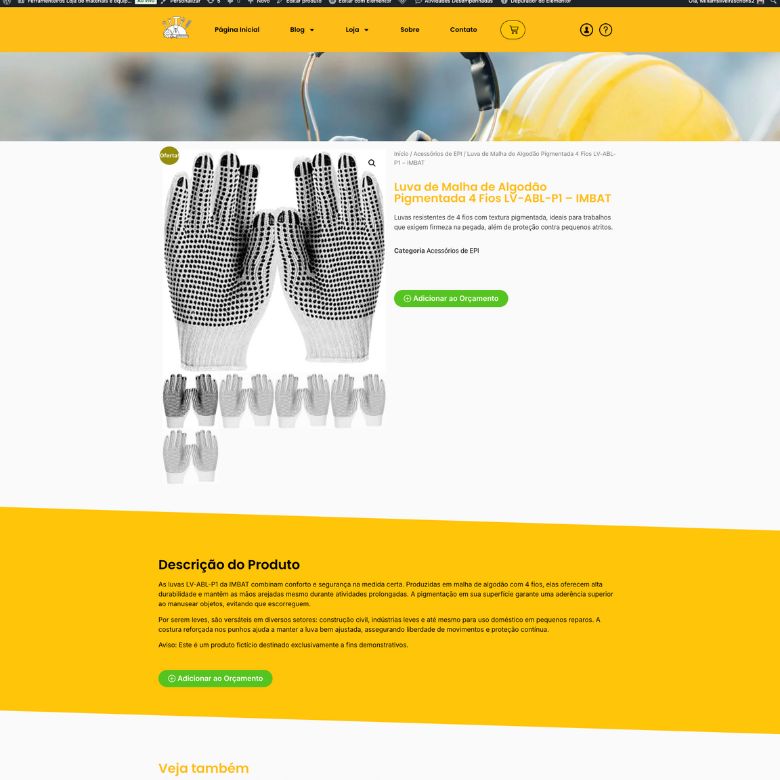 Página de produto com especificações técnicas personalizadas